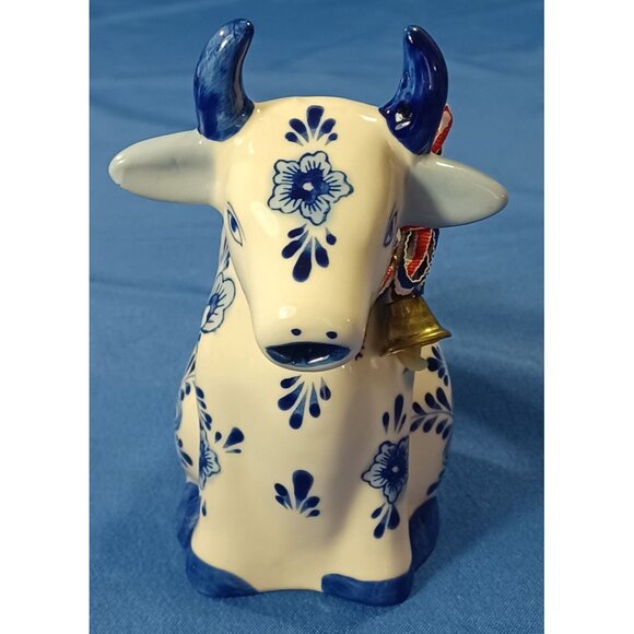 Vtg Hand-Painted Delft Blue Dutch Cow Creamer Pitcher W/ Windmill Floral Design - Picture 12 of 13